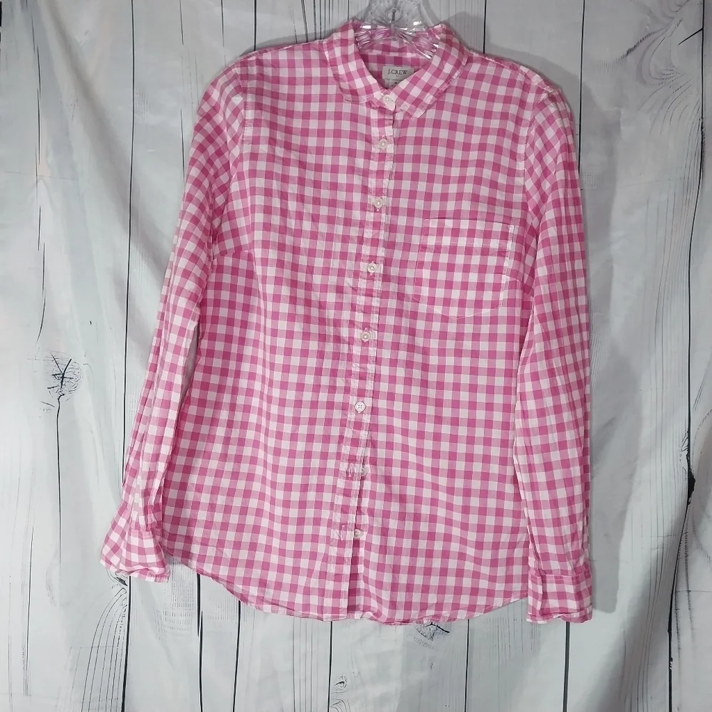 J.Crew Factory Pink And White Gingham Button Down Lightweight Cotton Shirt